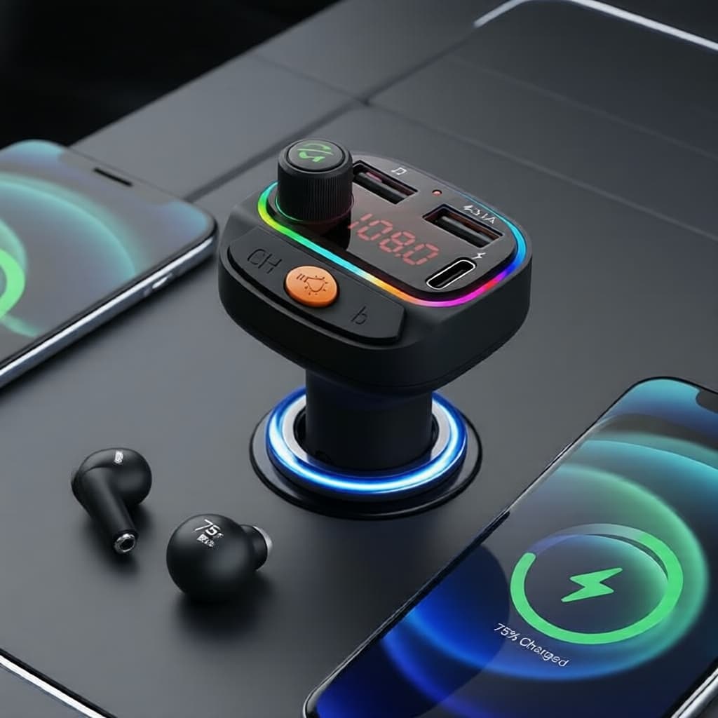 Carregador veicular USB 4 portas 250W de carregamento rápido com transmissor FM Bluetooth 5.3, compatível com PD