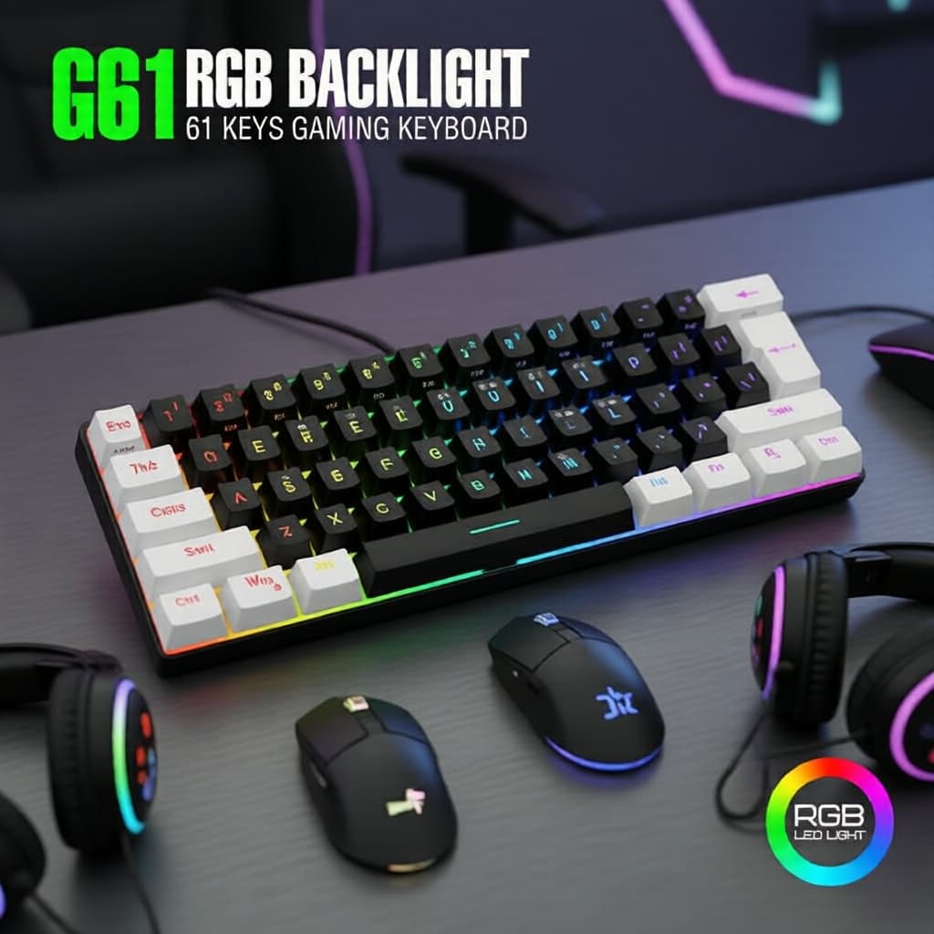 Teclado Compacto 61 Teclas RGB com Fio, Mini Teclado Gamer Portátil para PC