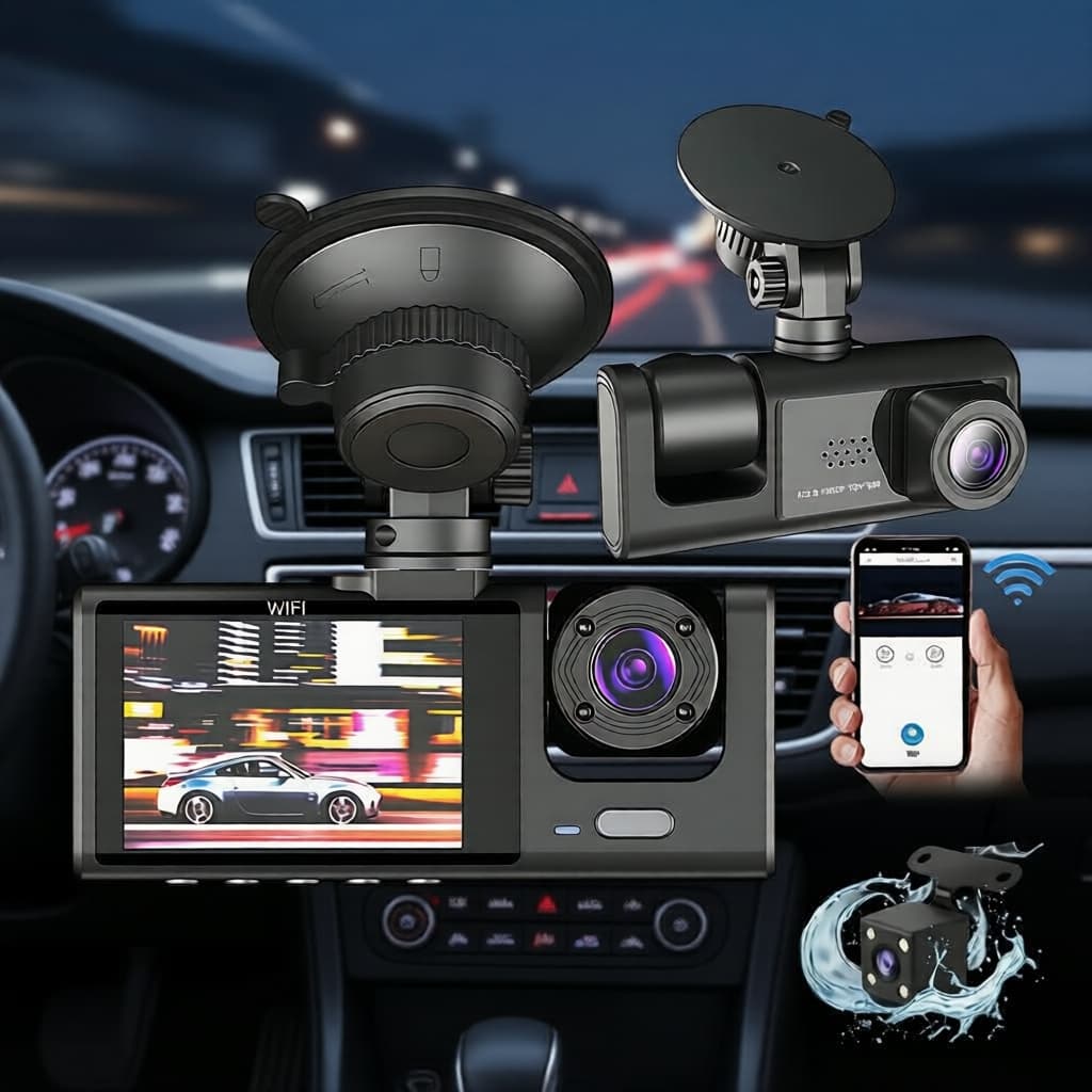 DVR Veicular para Carro com 2/3 Lentes, WiFi, Visão Noturna, Câmeras Frontal e Traseira para Gravação de Vídeo