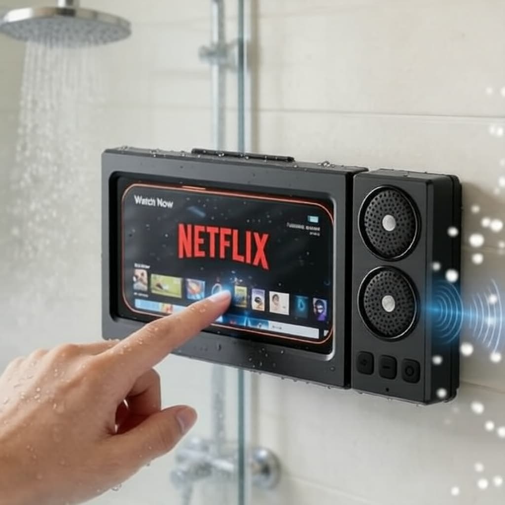 Caixa de Celular à Prova D'água para Chuveiro & Caixa de Som Bluetooth, Suporte Giratório 360° com Tela Sensível ao