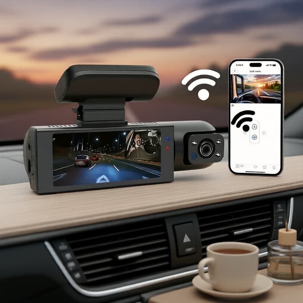 Câmera Veicular Dupla Lente com WiFi, Visão Noturna, Monitor de Estacionamento – Câmera de Ré