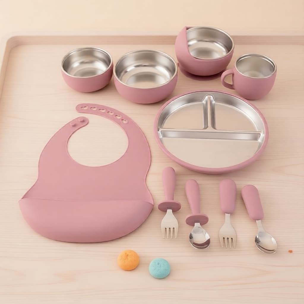 Conjunto de Alimentação Infantil Colorido em Aço Inox e Silicone 4/10 Peças – Tigela e Prato Destacáveis com Babador e