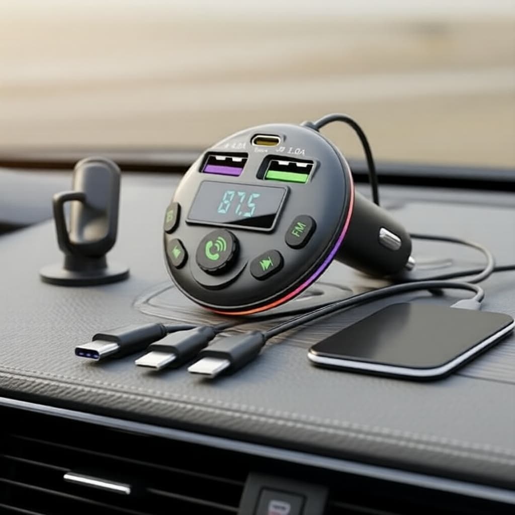 Transmissor FM para Carro Sem Fio 5.0, MP3 Player Mãos-Livres, Receptor de Áudio com Cabo 3-em-1