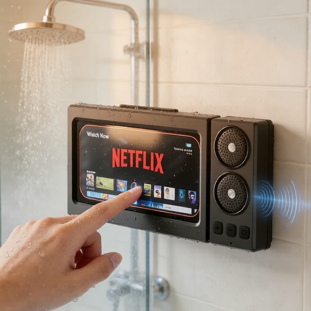 Caixa de Som Bluetooth e Capa à Prova D'Água para Celular, Suporte Giratório 360° para Banho e Área da Piscina