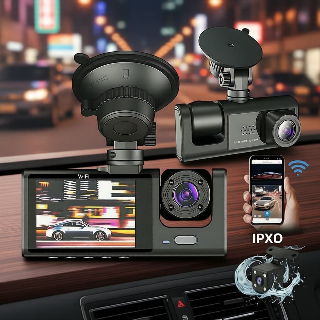 Câmera Veicular com 2 ou 3 Lentes, Conexão WiFi, Visão Noturna, Câmera Frontal e Traseira para Gravação de Vídeo ao