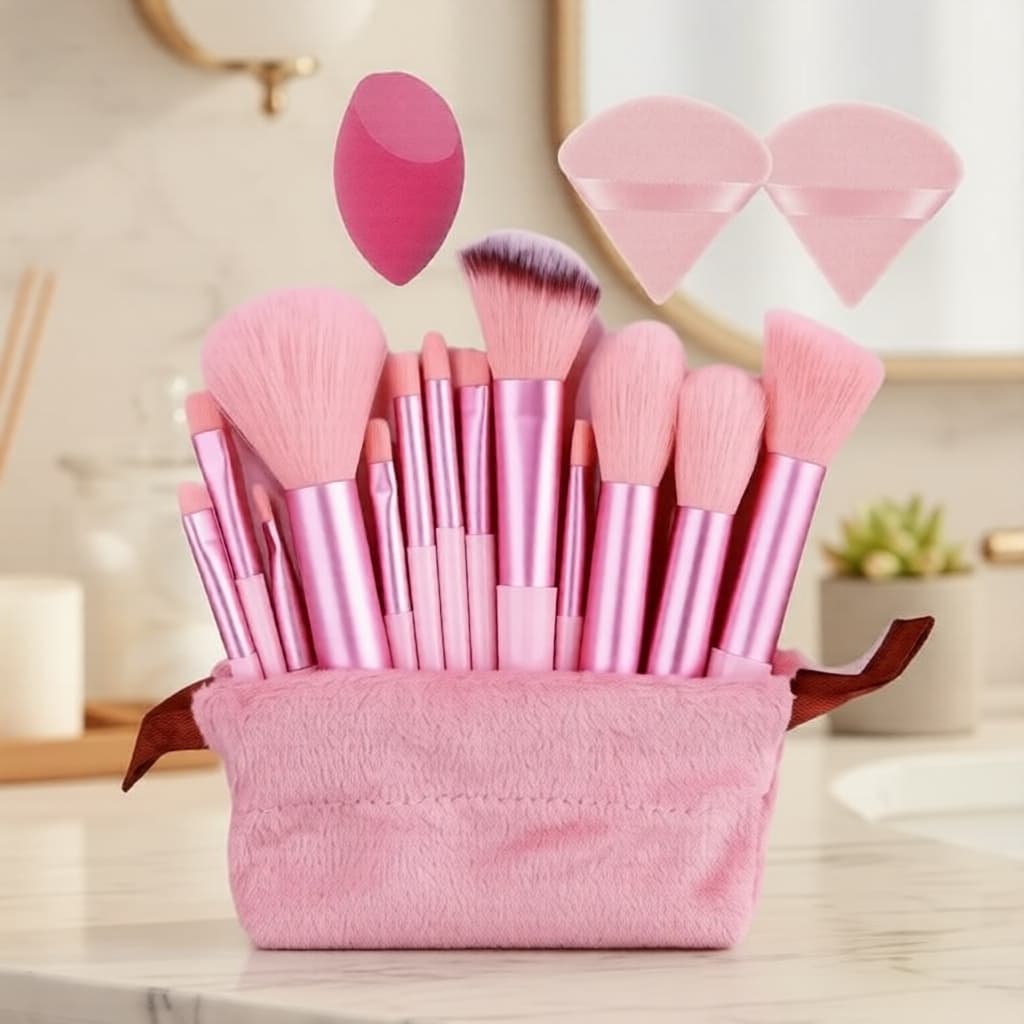 Pincéis de Maquiagem Profissionais Rosa 13 Peças, 2 Esponjas de Maquiagem Triangulares, 1 Esponja Gota de Água Vermelha