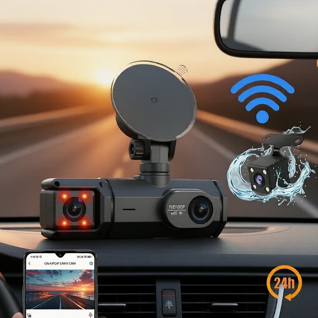 Câmera Veicular DVR com 3 Lentes 360° para Carro, Visão Frontal/Esquerda/Direita/Traseira com Monitoramento 24h