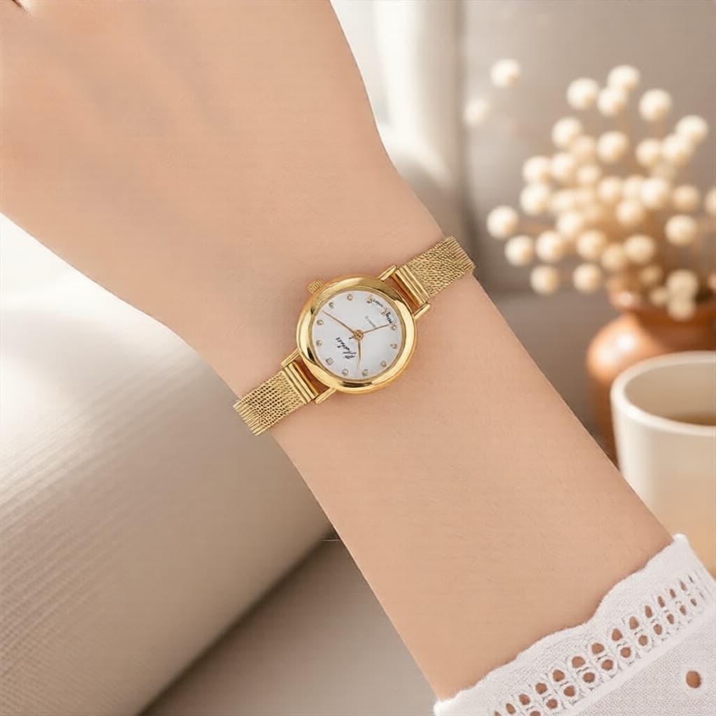 Relógio de Quartzo Feminino - Mostrador redondo minimalista, índices em pontos, pulseira de malha, 1 unidade