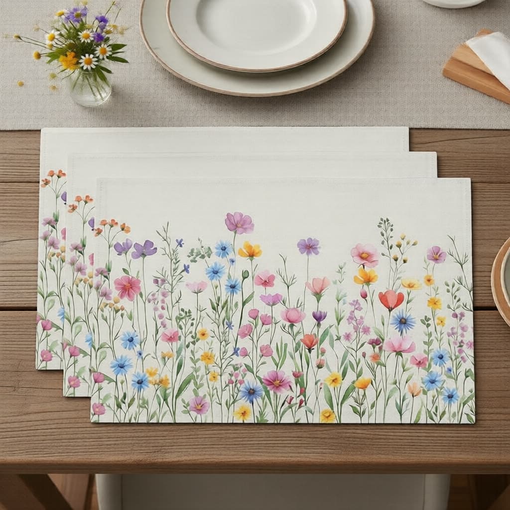 Conjunto de 4 jogos americanos de flores silvestres de primavera - jogos americanos de mesa de linho com prado