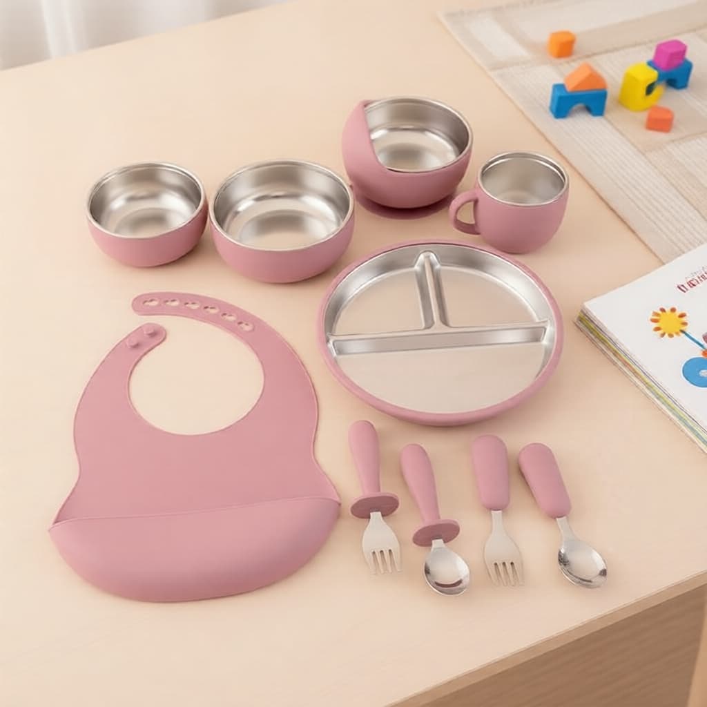 Conjunto de introdução alimentar infantil Color Kids em aço inox e silicone, tigela e prato desmontáveis, babador
