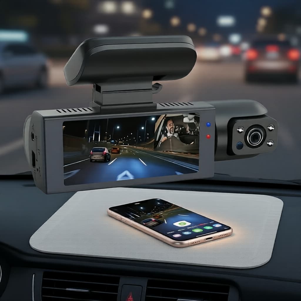 Câmera Veicular 1080P Dupla-Lente WiFi, Dianteira e Interior, Visão Noturna Infravermelha, Gravação em Loop, Ângulo