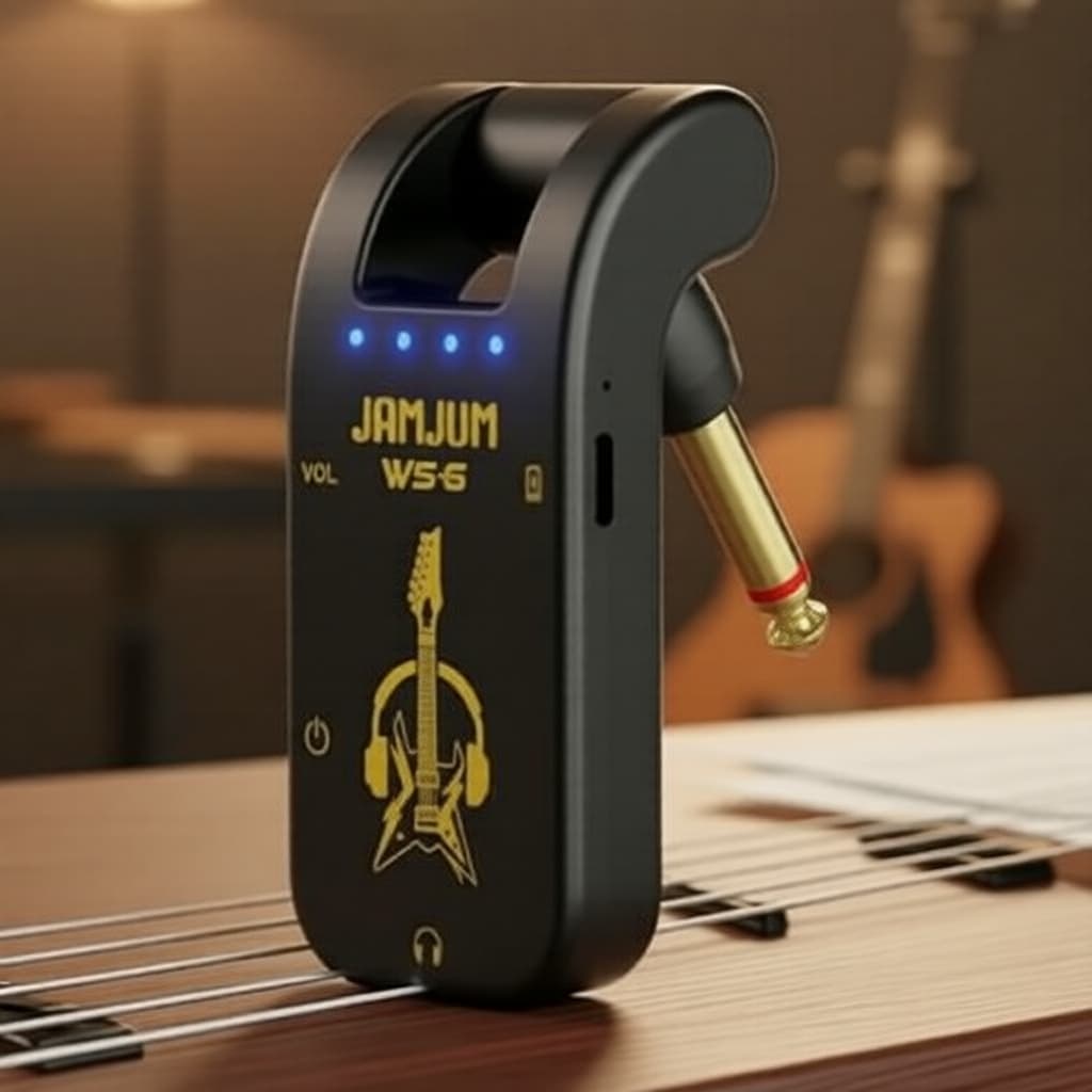 Mini amplificador de guitarra JAMJUM para fones de ouvido, recarregável por USB, com plugue giratório, ideal para