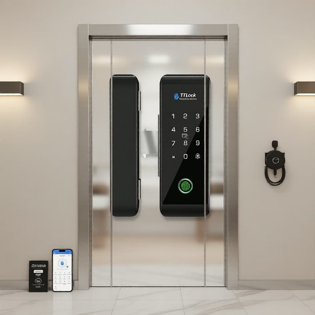Fechadura Digital para Portas de Vidro 13,56 MHz, Controle por Aplicativo e Impressão Digital, Teclado RFID para