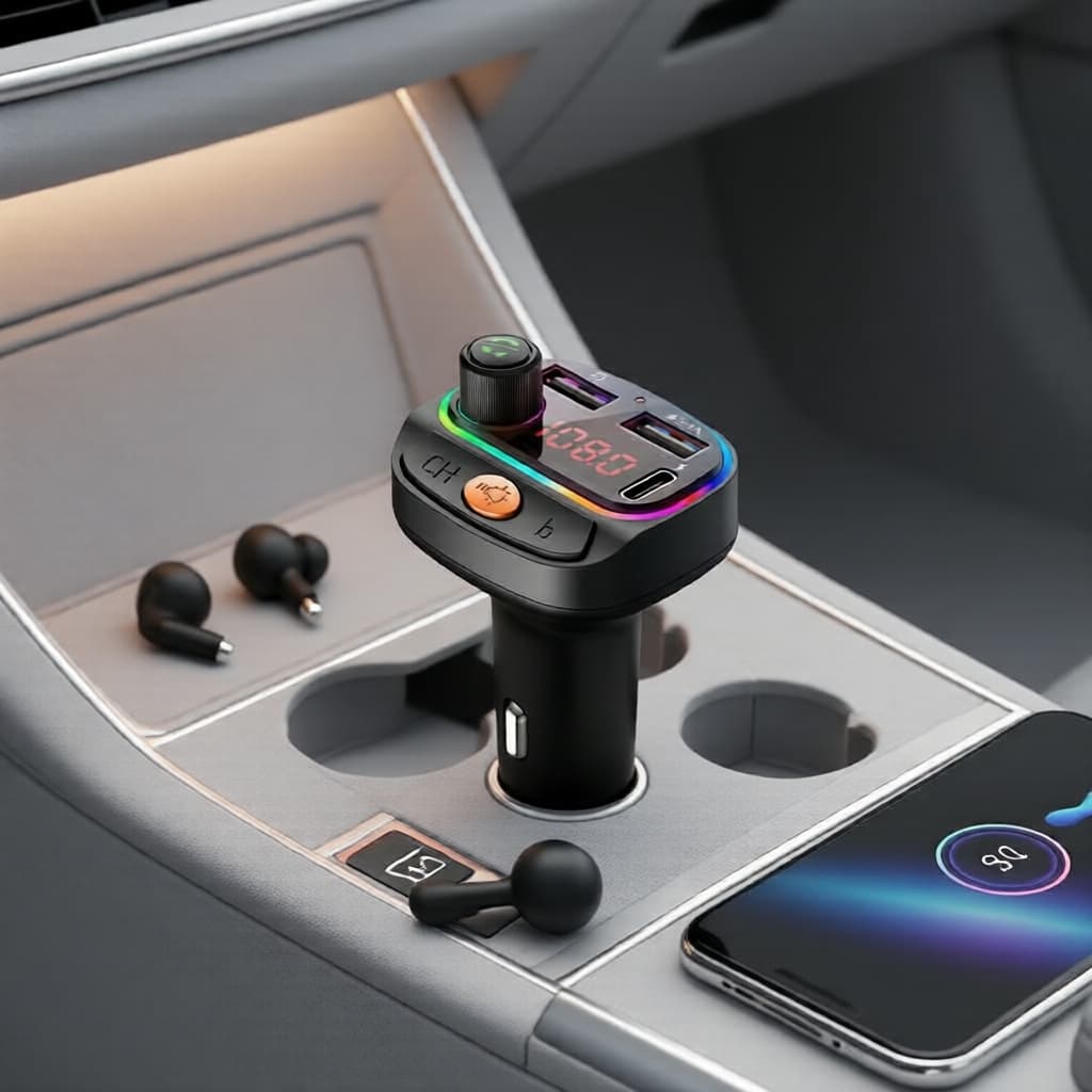 Transmissor FM Bluetooth para Carro MP3 com 2 Portas USB Tipo-C e Carregador