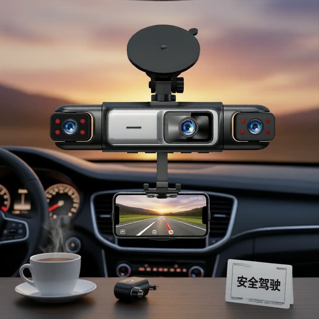 360 WiFi Dash Cam 4 Canais, Gravador DVR, Câmera de Estacionamento com Visão Noturna para Monitoramento Veicular