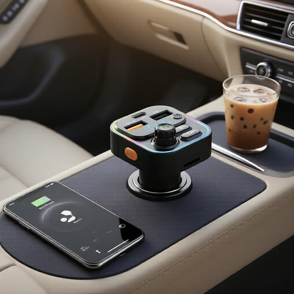 Transmissor Bluetooth 5.0 FM para carro com portas USB duplas QC3.0 PD Tipo-C, iluminação ambiente e MP3 viva-voz