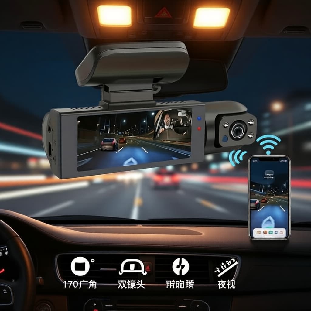 Câmera Veicular WiFi 1080p com IR, Lentes Duplas para Interior/Frente