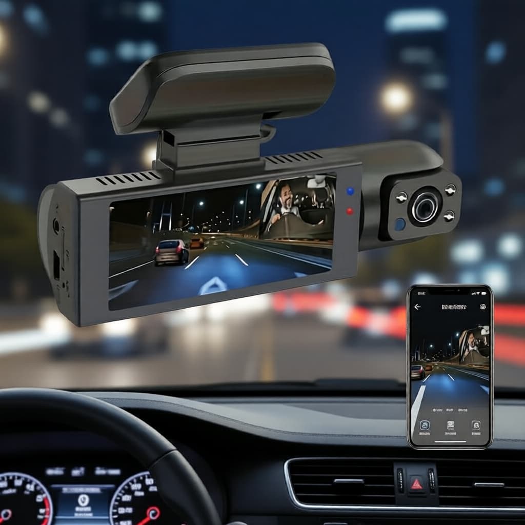 Câmera Veicular 1080p Dupla Lente WiFi, Frontal e Interna, Visão Noturna IR, Gravação em Loop, Ângulo Amplo