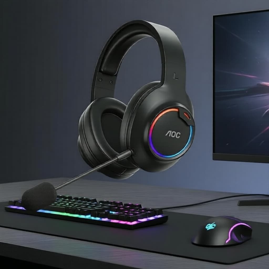 Fone de ouvido gamer RGB com cancelamento de ruído e microfone, almofadas de proteína, arco de metal reforçado, fones de