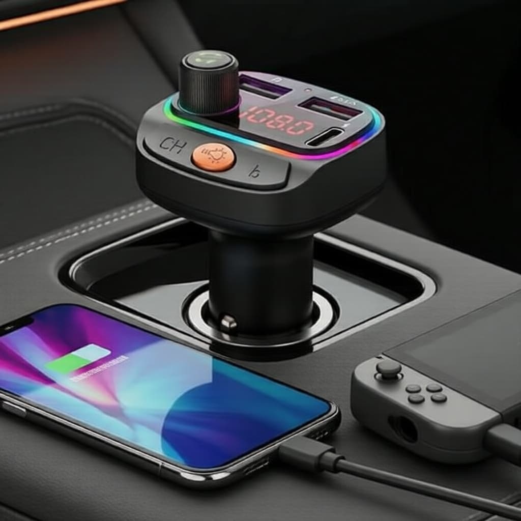 Transmissor FM Bluetooth 5.3 para Carro, Modulador AUX, MP3 Player e Adaptador de Carregamento Rápido