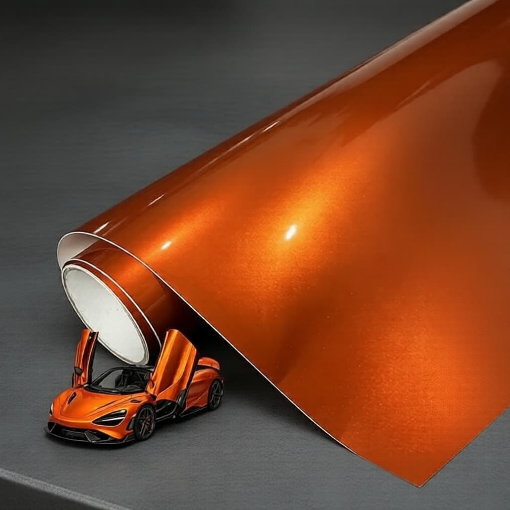 Rolo de Vinil Adesivo Metálico Laranja - Autoadesivo, Acabamento Brilhante com Liberação de Ar para Envelopamento de