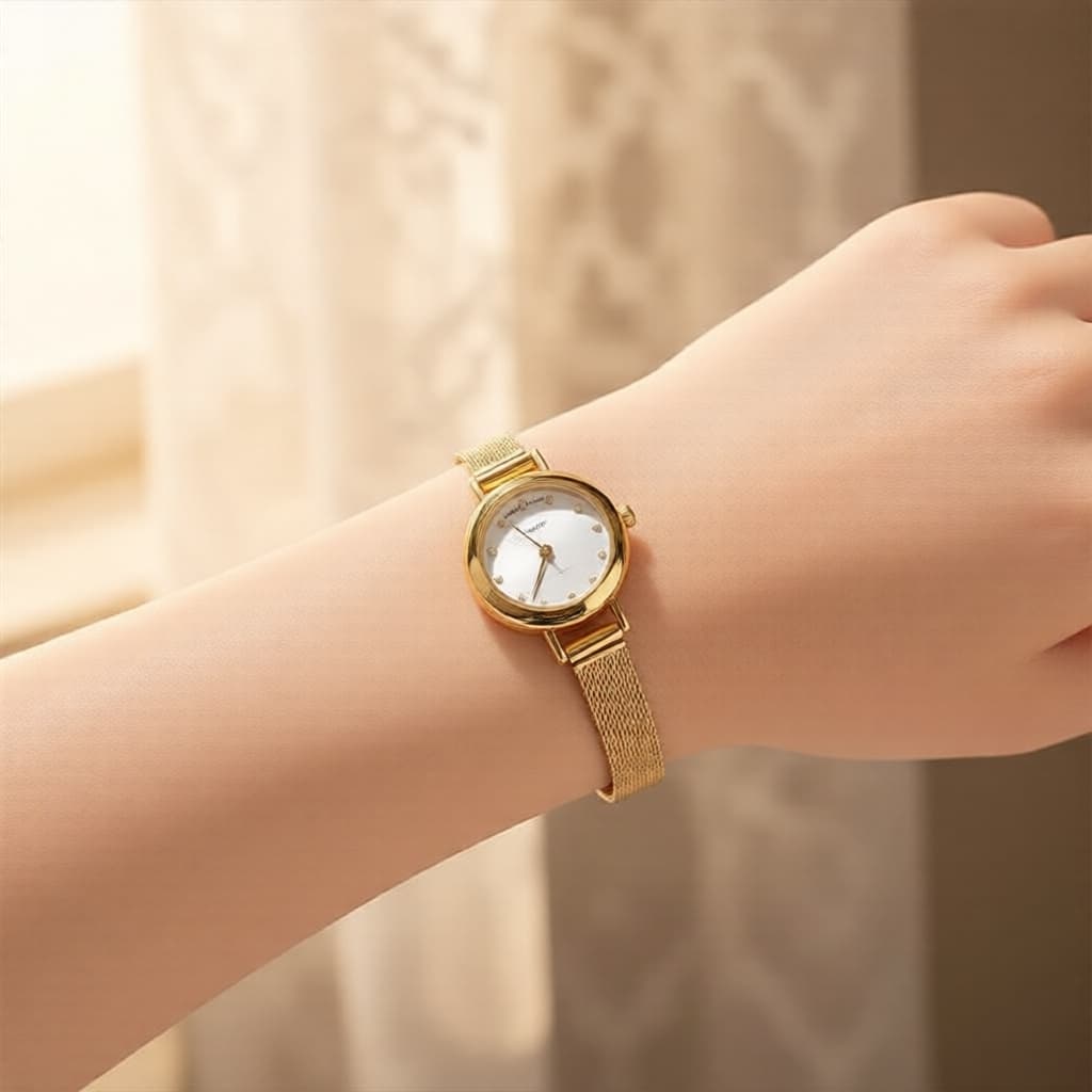 Relógio de quartzo feminino: mostrador redondo elegante com marcadores de ponto, pulseira de malha, 1 unidade para looks