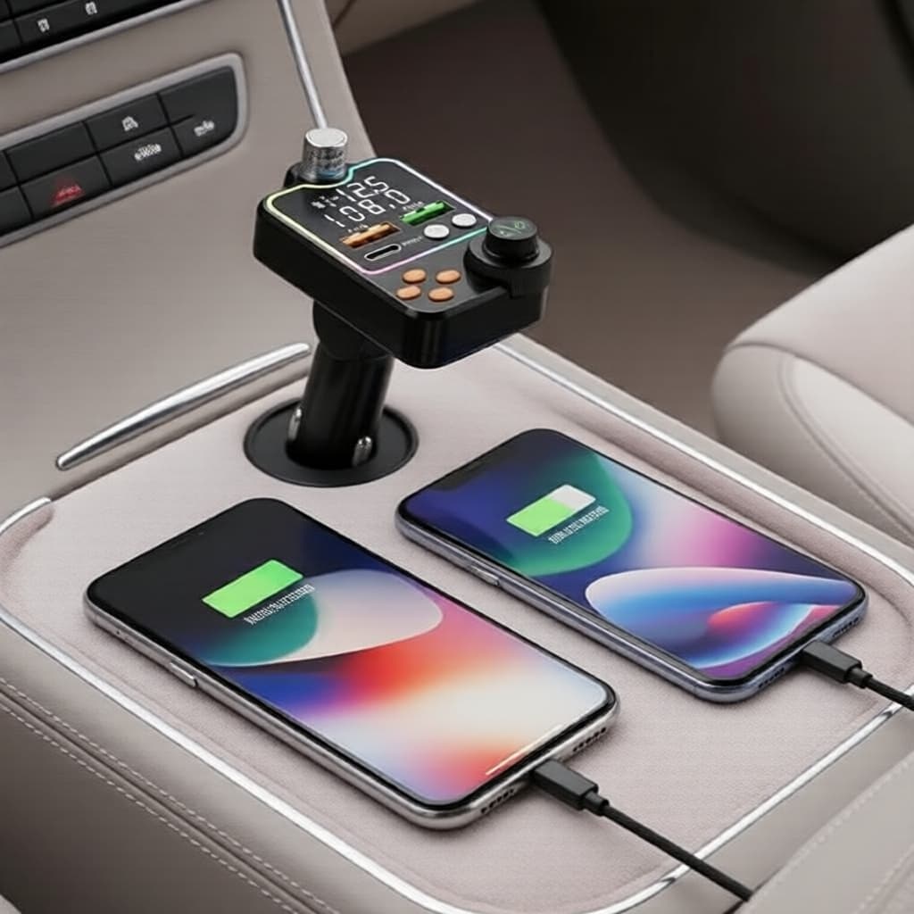 Transmissor FM Bluetooth 5.0 para Carro, Carregador USB Duplo 3.1A + Tipo-C, Viva-Voz e MP3 com Suporte a Cartão TF