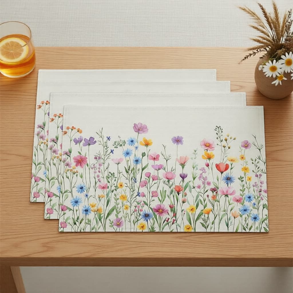 Jogos Americanos Florais em Aquarela (Conjunto com 4) - Jogos de Mesa em Linho para Cozinha e Sala de Jantar estilo Casa