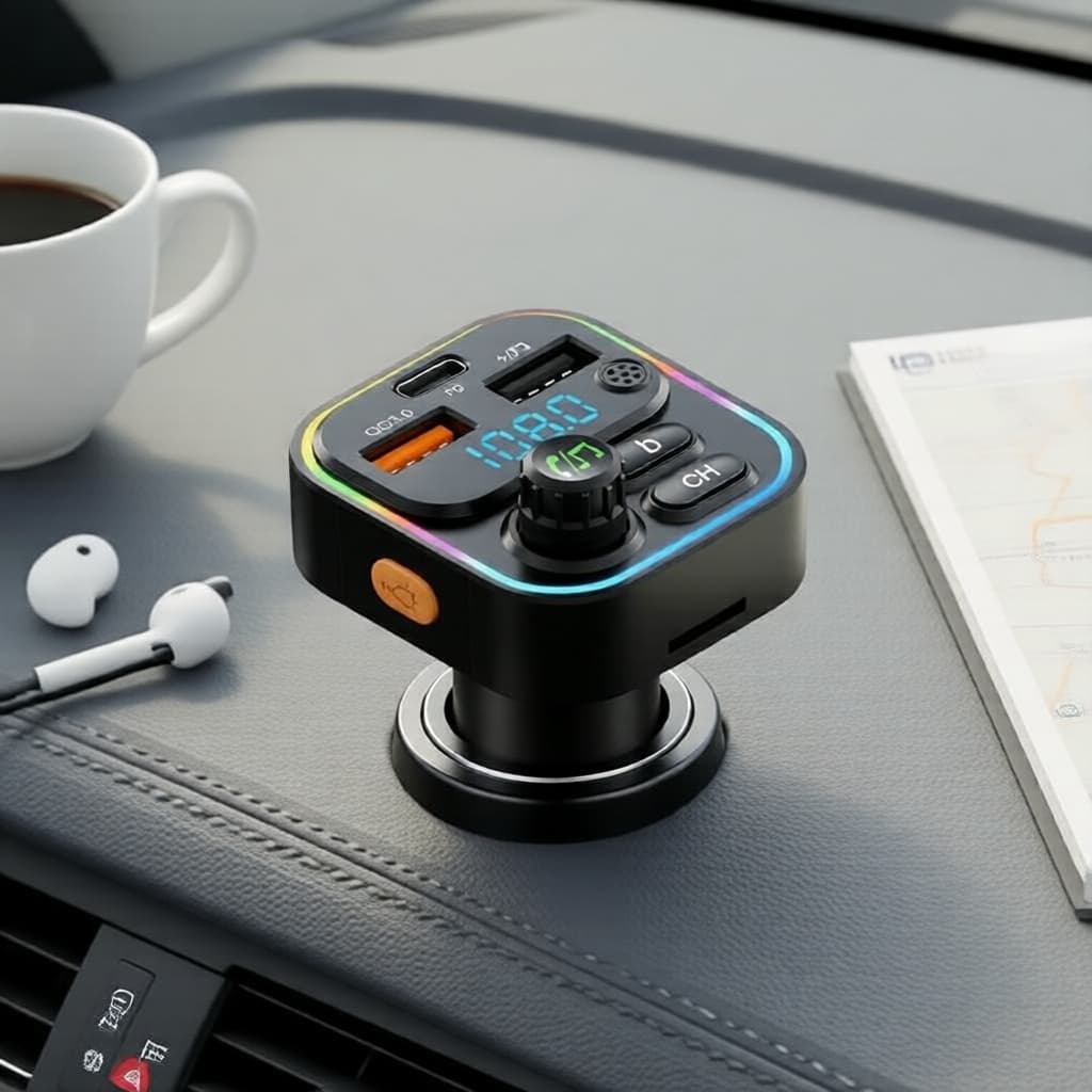 Transmissor FM Bluetooth 5.0 para Carro, Luz Ambiente, Viva-Voz MP3, Carregamento Rápido USB Duplo QC3.0 PD Tipo-C