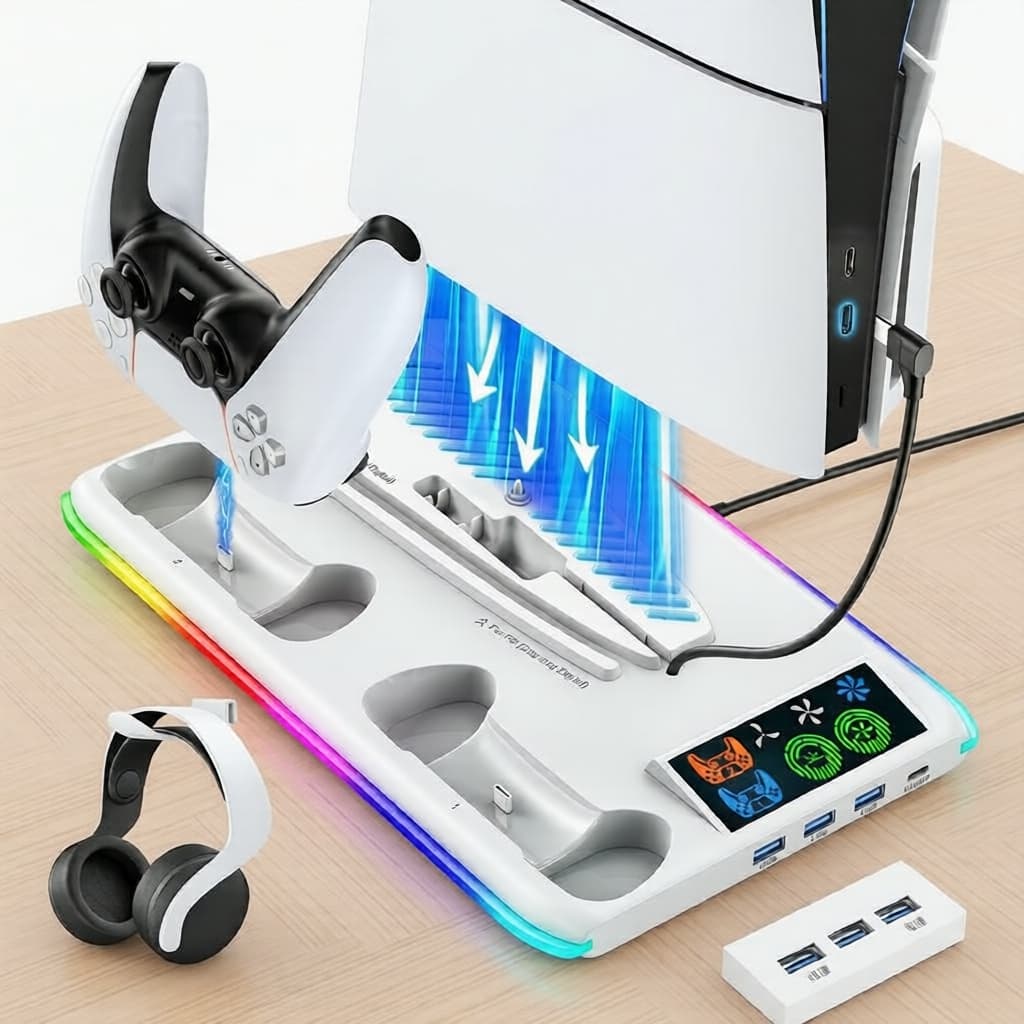 OIVO Ventilador de Resfriamento e Dock de Carregamento Duplo para PS5/PS5 Pro/PS5 Slim; 3 portas USB, suporte para