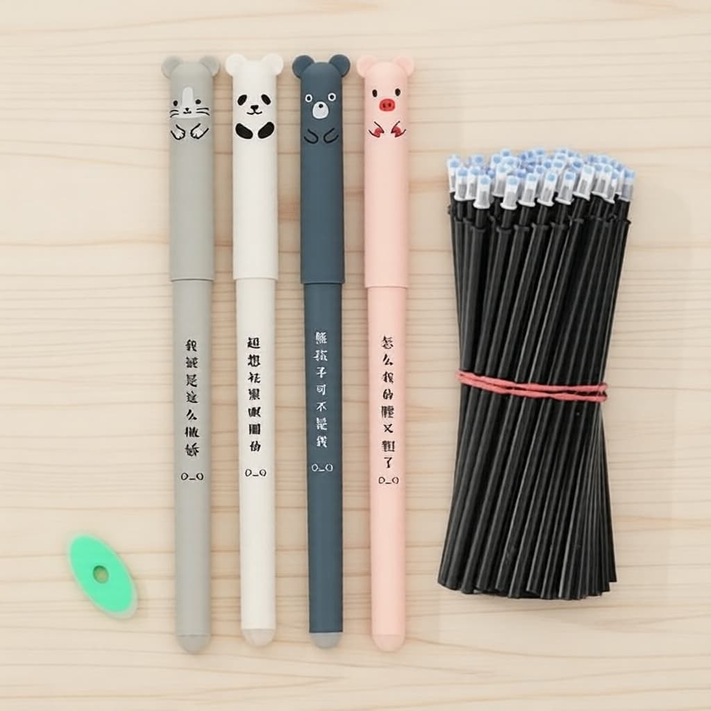 Conjunto de Canetas Gel Apagáveis 4 Canetas 20 Refis Tinta Preta Azul Material Escolar e de Escritório