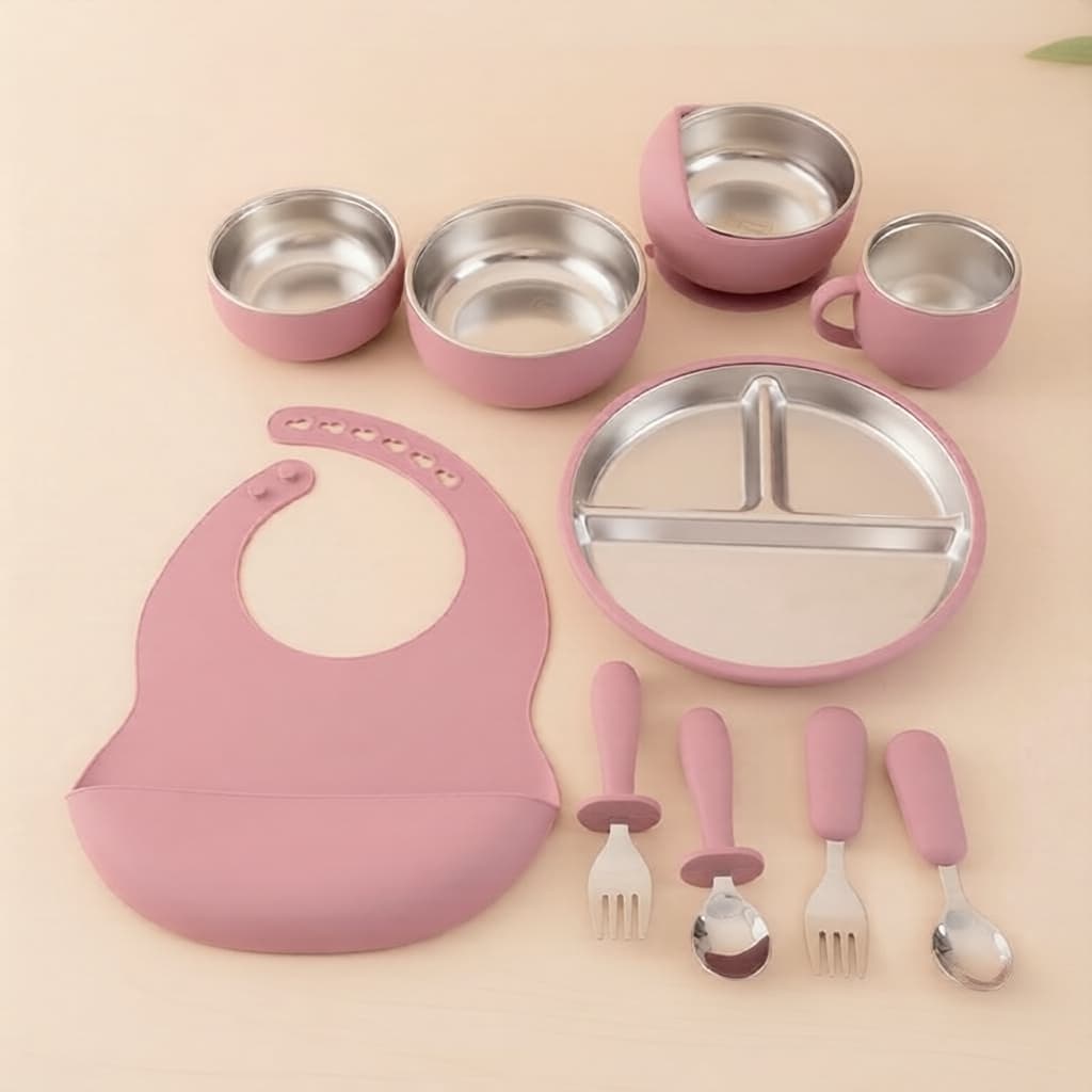 Kit de Talheres para Alimentação Infantil 4/10 peças em Aço Inoxidável e Silicone, Babador e Tigela Desmontáveis