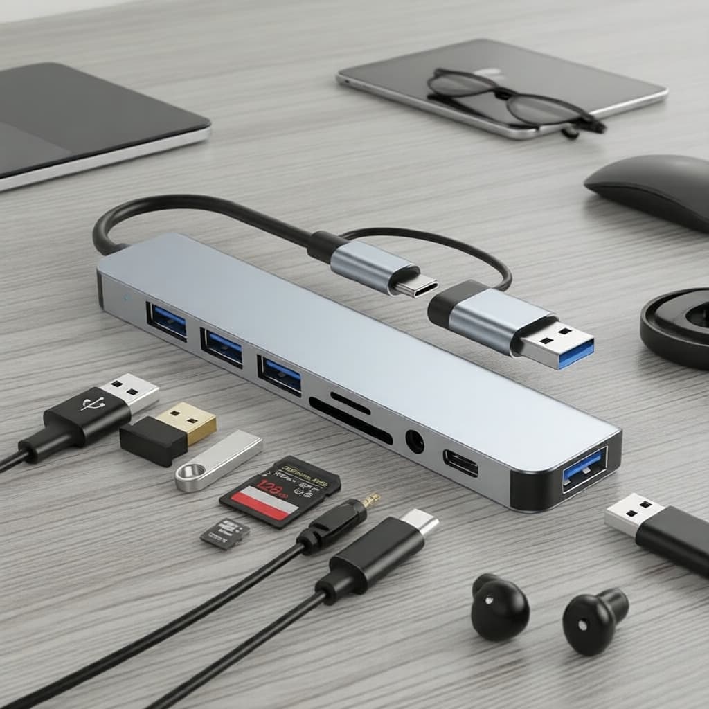 Hub USB-C Compacto 8 em 2: Portas USB, Leitor SD/TF, Saída de Áudio 3,5 mm, PD para Laptops & PCs