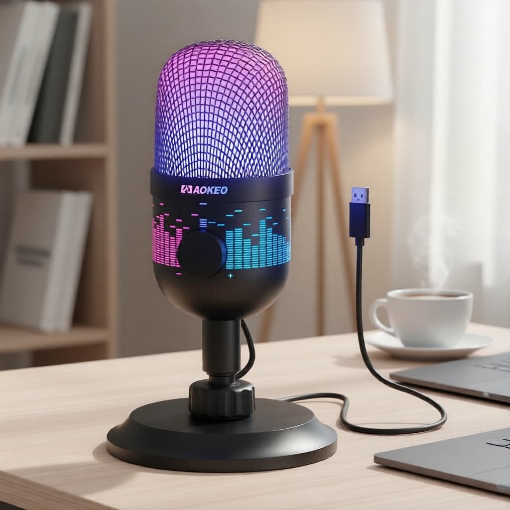 Microfone de Jogos USB Aokeo com Luz LED, Condensador para PC/Mac/PS4-5 Podcast e Streaming