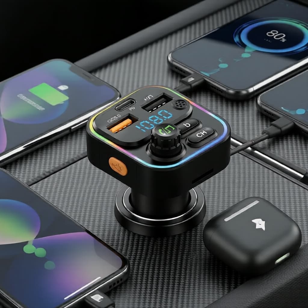 Transmissor Bluetooth 5.0 FM para carro, luz ambiente, MP3 viva-voz, carregador USB duplo QC3.0 PD Type-C