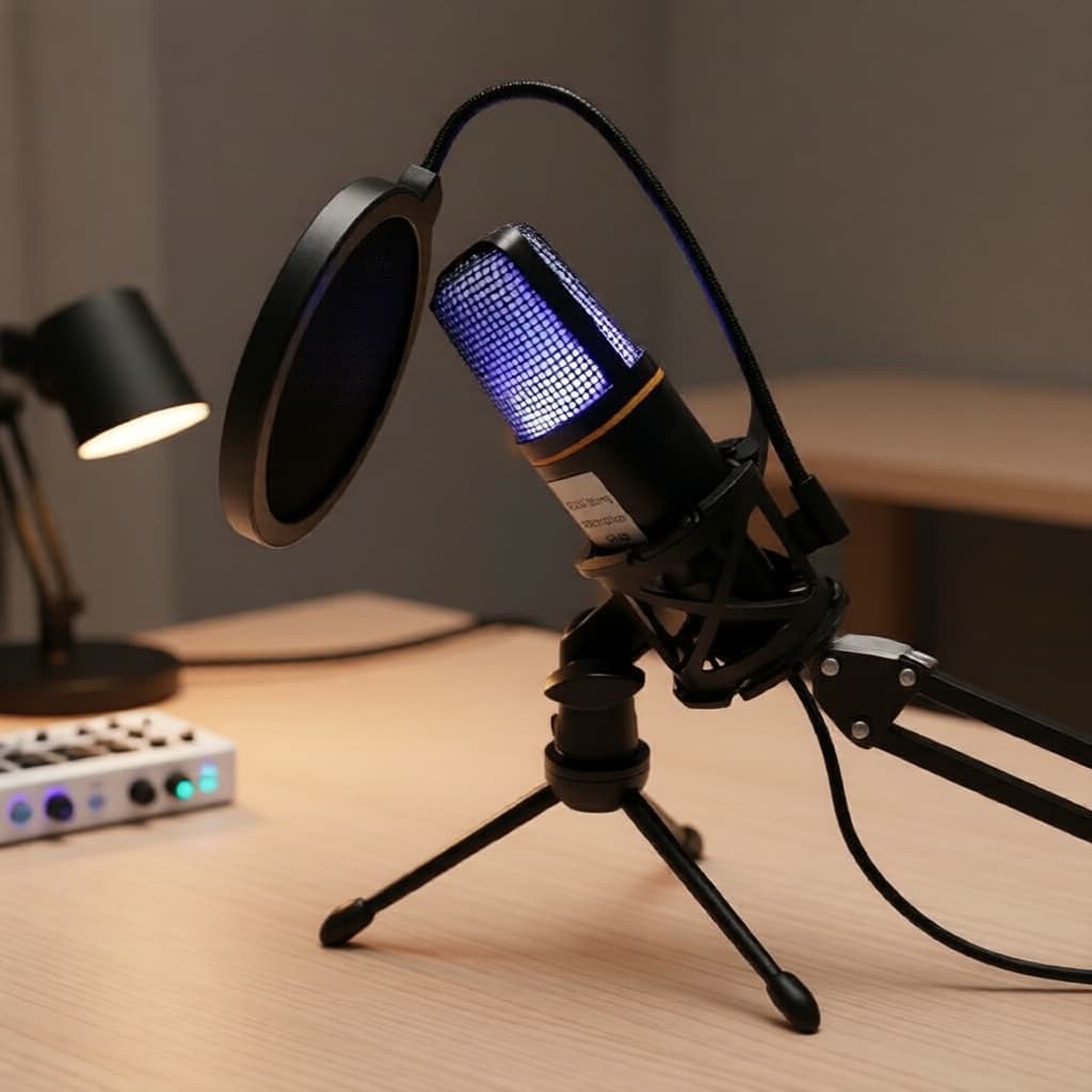 Kit Profissional de Microfone Condensador USB com Iluminação RGB, Filtro Antipop e Tripé