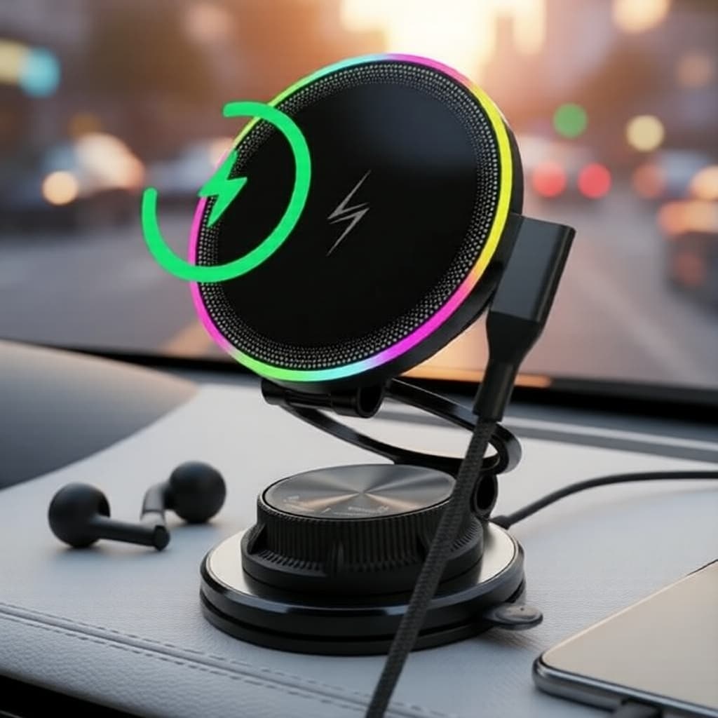 Suporte Veicular Magnético 15W 360° Rotativo com Luz RGB