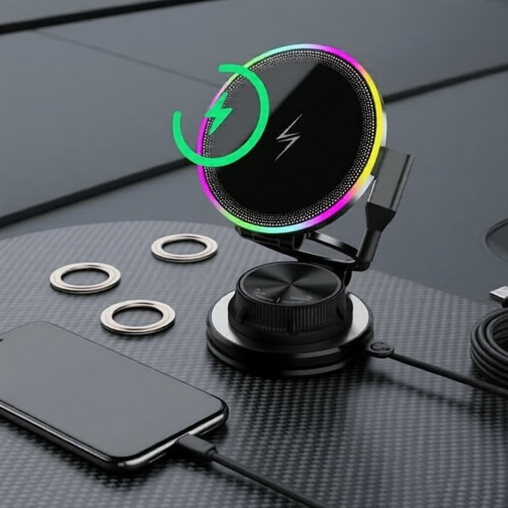 Suporte Veicular Sem Fio 15W Magnético 360° com Ventosa e Luz RGB LED