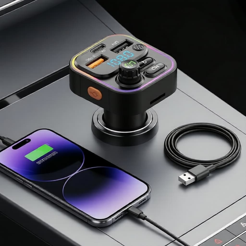 Transmissor Bluetooth 5.0 para carro, carregador com dupla USB QC3.0 PD Tipo-C e luz ambiente, reprodutor MP3免提
