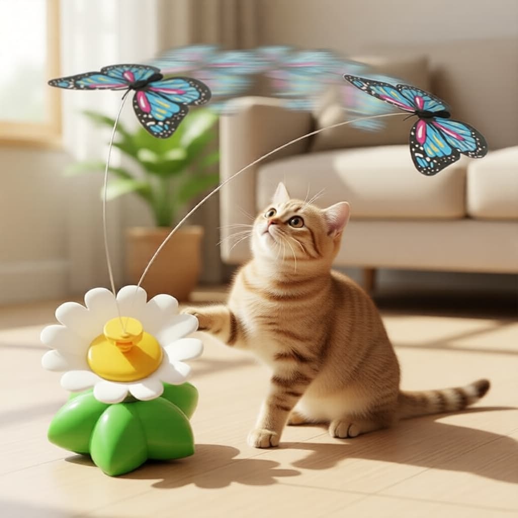 Varinhas de provocação de gatos com borboletas e flores ao redor