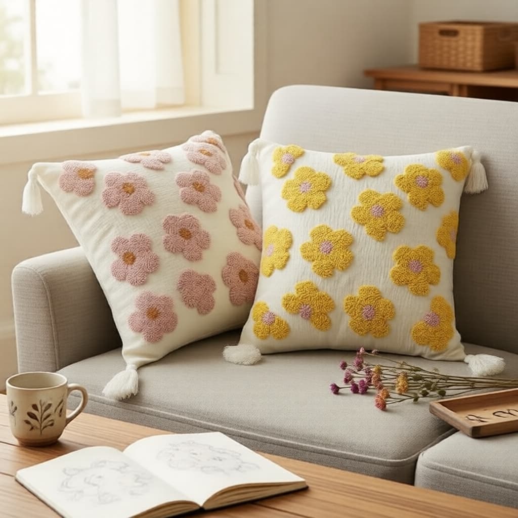 Chenille Loop Terry Floral Capa de Almofada | Capa de Almofada Texturizada Macia 45x45cm | Azul/Amarelo/Rosa/Vermelho