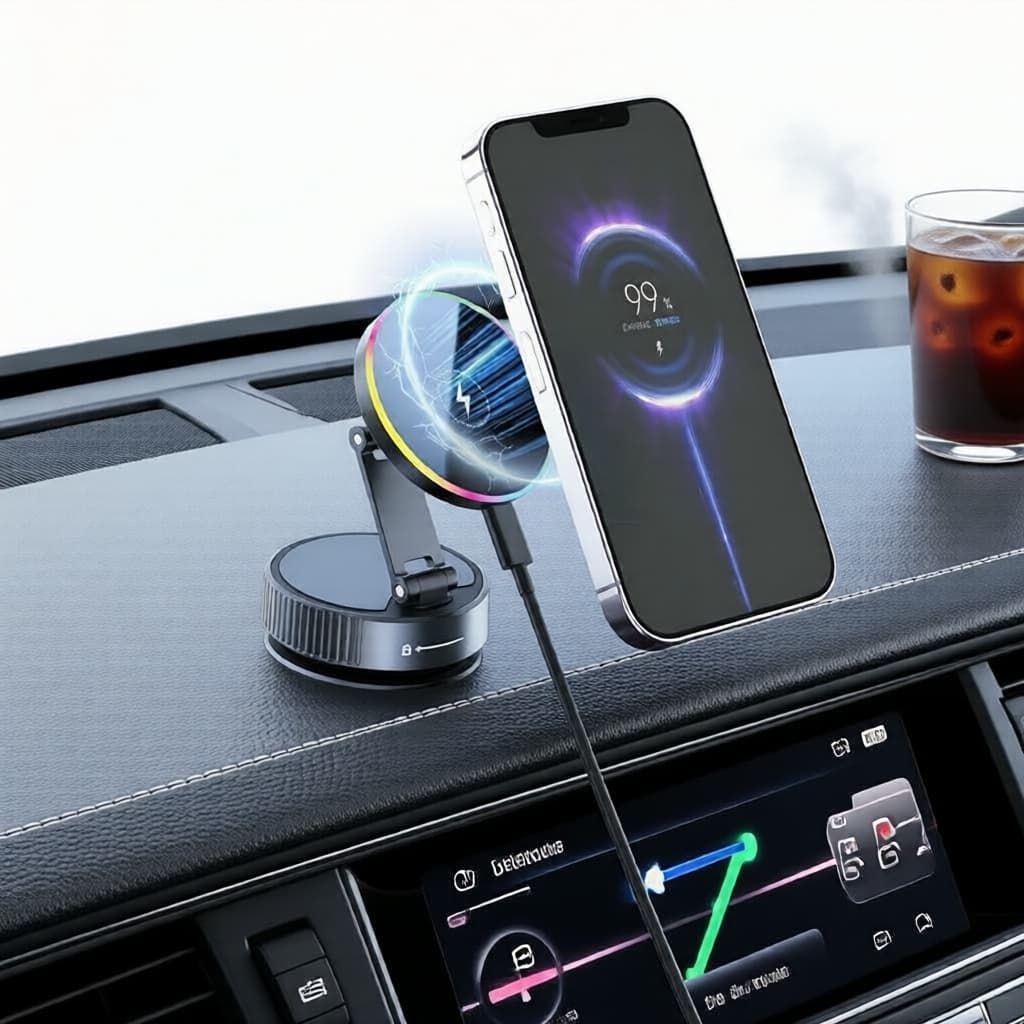 Suporte Veicular Ventosa para Celular com LEDs RGB, Carregamento Rápido