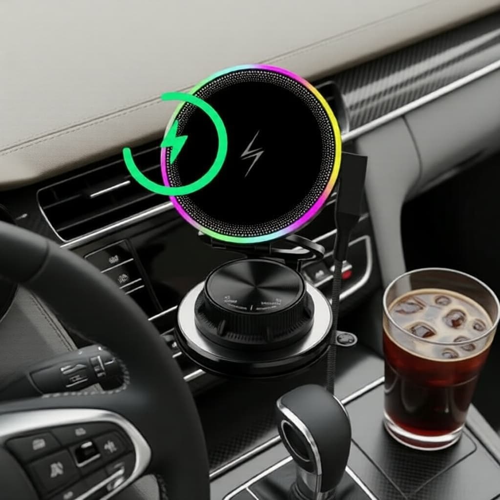Suporte Veicular de Carregamento Sem Fio 15W - Magnético 360° Rotativo com RGB LED