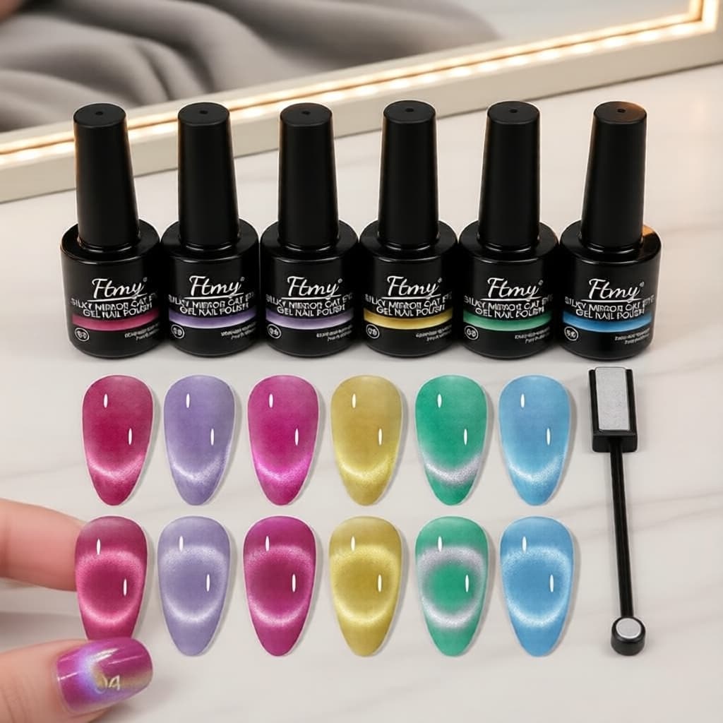 Conjunto de 7 Esmaltes em Gel Efeito Olho de Gato - Cores Vibrantes Holográficas, Varinhas Magnéticas para Unhas de