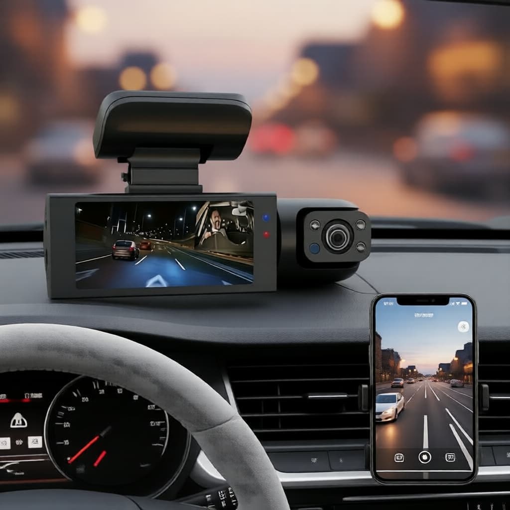 Câmera Veicular com Visão Noturna em WiFi e Lentes Duplas – Dashcam com Monitoramento de Estacionamento – Filmadoras &