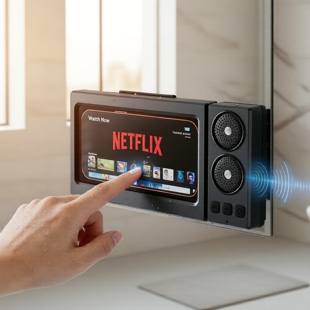 Suporte de Telefone com Caixa à Prova d’Água 360° Rotativo & Caixa de Som Bluetooth para Banheiro e Piscina