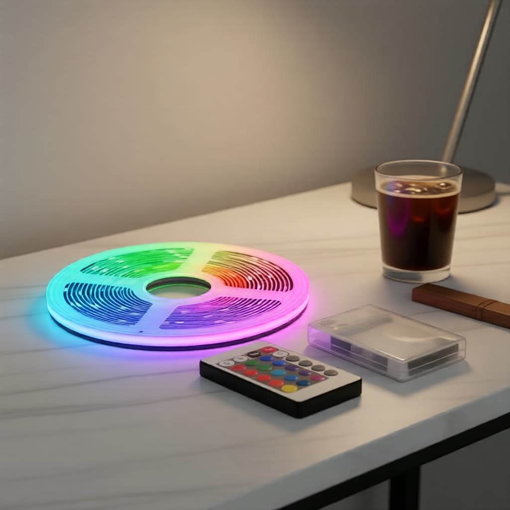 Fita de LED RGB à bateria 10m com controle remoto e design flexível para uso em ambientes
