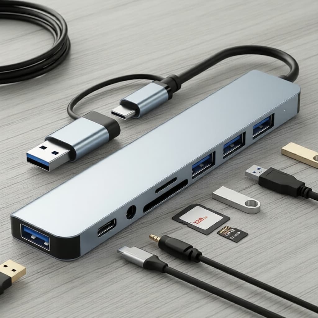 Hub USB Expansor Doca 8 Em 1 USB3.0 Tipo C Adaptador TF Leitor SD Áudio De 3.5mm Para MacBook ipad