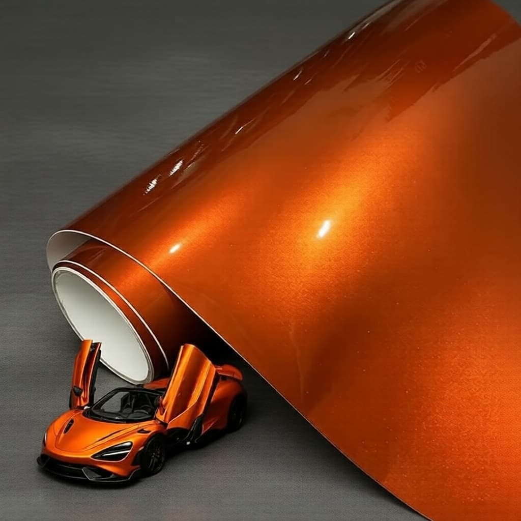 Rolo de Vinil Metálico Laranja Autoadesivo com Canais de Liberação de Ar para Fácil Aplicação de Adesivos Automotivos
