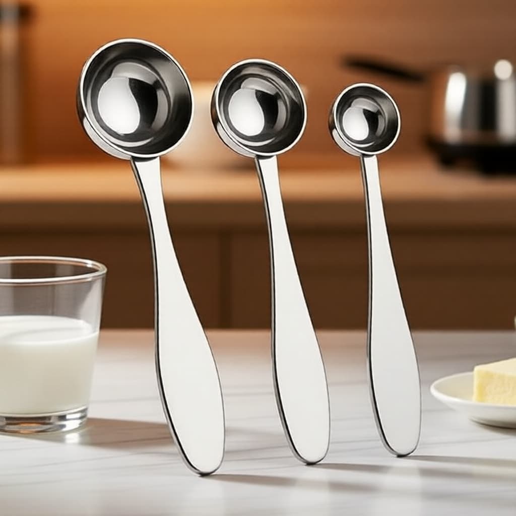 Colher medidora e medidor de café ergonômicos em aço 304, design higiênico, 3 tamanhos para uso diário na cozinha e